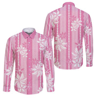 Hawaii Kakau Tribal Family Matching Long Sleeve Bodycon Dress and Hawaiian Shirt With Pink Tiare LT05 Dad's Shirt - Long Sleeve Pink - Polynesian Pride