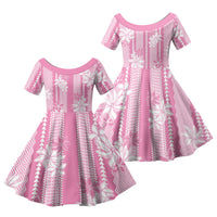 Hawaii Kakau Tribal Family Matching Long Sleeve Bodycon Dress and Hawaiian Shirt With Pink Tiare LT05 Daughter's Dress Pink - Polynesian Pride