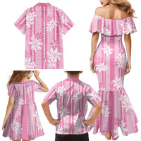 Hawaii Kakau Tribal Family Matching Mermaid Dress and Hawaiian Shirt With Pink Tiare