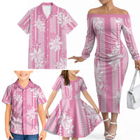 Hawaii Kakau Tribal Family Matching Off The Shoulder Long Sleeve Dress and Hawaiian Shirt With Pink Tiare LT05 - Polynesian Pride