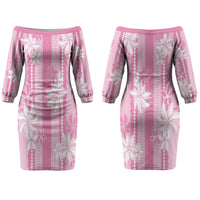 Hawaii Kakau Tribal Family Matching Off The Shoulder Long Sleeve Dress and Hawaiian Shirt With Pink Tiare LT05 - Polynesian Pride