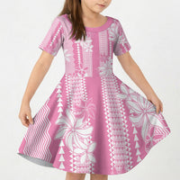 Hawaii Kakau Tribal Kid Short Sleeve Dress With Pink Tiare LT05 KID Pink - Polynesian Pride