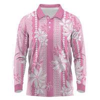 Hawaii Kakau Tribal Long Sleeve Polo Shirt With Pink Tiare