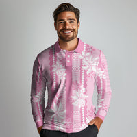 Hawaii Kakau Tribal Long Sleeve Polo Shirt With Pink Tiare