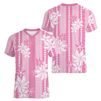 Hawaii Kakau Tribal Women V-Neck T-Shirt With Pink Tiare
