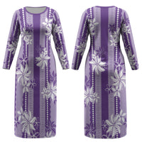 Hawaii Kakau Tribal Couples Matching Long Sleeve Bodycon Dress and Hawaiian Shirt With Purple Tiare LT05
