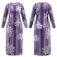 Hawaii Kakau Tribal Couples Matching Long Sleeve Bodycon Dress and Long Sleeve Button Shirt With Purple Tiare LT05