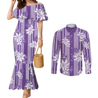 Hawaii Kakau Tribal Couples Matching Mermaid Dress and Long Sleeve Button Shirt With Purple Tiare