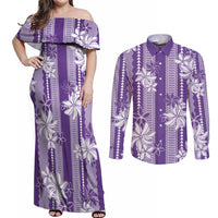 Hawaii Kakau Tribal Couples Matching Off Shoulder Maxi Dress and Long Sleeve Button Shirt With Purple Tiare