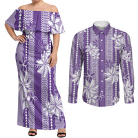 Hawaii Kakau Tribal Couples Matching Off Shoulder Maxi Dress and Long Sleeve Button Shirt With Purple Tiare LT05 Purple - Polynesian Pride