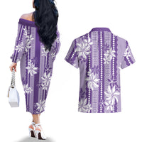 Hawaii Kakau Tribal Couples Matching Off The Shoulder Long Sleeve Dress and Hawaiian Shirt With Purple Tiare
