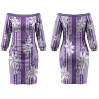 Hawaii Kakau Tribal Couples Matching Off The Shoulder Long Sleeve Dress and Hawaiian Shirt With Purple Tiare LT05