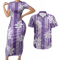 Hawaii Kakau Tribal Couples Matching Short Sleeve Bodycon Dress and Hawaiian Shirt With Purple Tiare LT05 Purple - Polynesian Pride