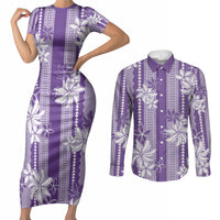 Hawaii Kakau Tribal Couples Matching Short Sleeve Bodycon Dress and Long Sleeve Button Shirt With Purple Tiare LT05 Purple - Polynesian Pride