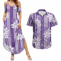 Hawaii Kakau Tribal Couples Matching Summer Maxi Dress and Hawaiian Shirt With Purple Tiare LT05 Purple - Polynesian Pride