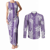Hawaii Kakau Tribal Couples Matching Tank Maxi Dress and Long Sleeve Button Shirt With Purple Tiare LT05 Purple - Polynesian Pride