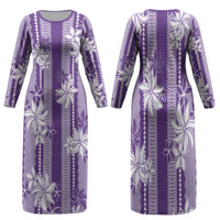 Hawaii Kakau Tribal Family Matching Long Sleeve Bodycon Dress and Hawaiian Shirt With Purple Tiare LT05 - Polynesian Pride