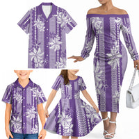 Hawaii Kakau Tribal Family Matching Off The Shoulder Long Sleeve Dress and Hawaiian Shirt With Purple Tiare LT05 - Polynesian Pride