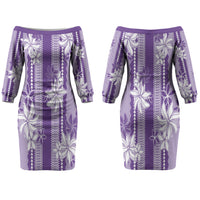 Hawaii Kakau Tribal Family Matching Off The Shoulder Long Sleeve Dress and Hawaiian Shirt With Purple Tiare LT05 - Polynesian Pride