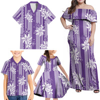 Hawaii Kakau Tribal Family Matching Off Shoulder Maxi Dress and Hawaiian Shirt With Purple Tiare