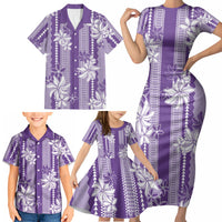 Hawaii Kakau Tribal Family Matching Short Sleeve Bodycon Dress and Hawaiian Shirt With Purple Tiare LT05 - Polynesian Pride