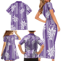 Hawaii Kakau Tribal Family Matching Short Sleeve Bodycon Dress and Hawaiian Shirt With Purple Tiare LT05 Mom's Dress Purple - Polynesian Pride