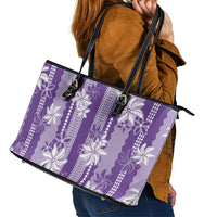 Hawaii Kakau Tribal Leather Tote Bag With Purple Tiare LT05 - Polynesian Pride