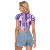 Hawaii Kakau Tribal Raglan Cropped T Shirt With Purple Tiare LT05 - Polynesian Pride