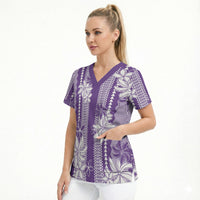 Hawaii Kakau Tribal Scrub Top With Purple Tiare LT05 - Polynesian Pride