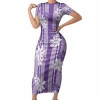 Hawaii Kakau Tribal Short Sleeve Bodycon Dress With Purple Tiare LT05 Long Dress Purple - Polynesian Pride