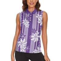 Hawaii Kakau Tribal Women Sleeveless Polo Shirt With Purple Tiare