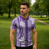 Hawaii Kakau Tribal Zipper Polo Shirt With Purple Tiare LT05 - Polynesian Pride