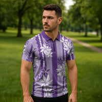 Hawaii Kakau Tribal Zipper Polo Shirt With Purple Tiare LT05 - Polynesian Pride
