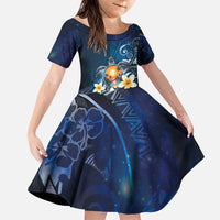 Hawaii Honu Family Matching Puletasi and Hawaiian Shirt Polynesian Curves Plumeria LT05 Daughter's Dress Navy - Polynesian Pride