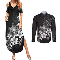 Hawaii Honu Couples Matching Summer Maxi Dress and Long Sleeve Button Shirt Polynesian Curves Plumeria Grayscale - Polynesian Pride