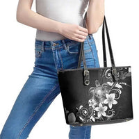 Hawaii Honu Leather Tote Bag Polynesian Curves Plumeria Grayscale - Polynesian Pride