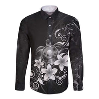 Hawaii Honu Long Sleeve Button Shirt Polynesian Curves Plumeria Grayscale - Polynesian Pride