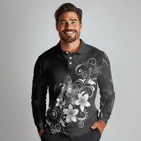 Hawaii Honu Long Sleeve Polo Shirt Polynesian Curves Plumeria Grayscale - Polynesian Pride