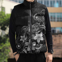 Hawaii Honu Sleeveless Puffer Jacket Polynesian Curves Plumeria Grayscale - Polynesian Pride