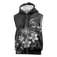 Hawaii Honu Sleeveless Zip Hoodie Polynesian Curves Plumeria Grayscale LT05 Black - Polynesian Pride