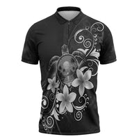 Hawaii Honu Zipper Polo Shirt Polynesian Curves Plumeria Grayscale LT05 Black - Polynesian Pride