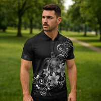 Hawaii Honu Zipper Polo Shirt Polynesian Curves Plumeria Grayscale LT05 - Polynesian Pride