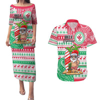 Personalized Hawaii Christmas Couples Matching Puletasi Dress and Hawaiian Shirt Santa Claus Surf Mele Kalikimaka LT05 Red - Polynesian Pride