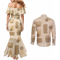 Vintage Lapita Couples Matching Mermaid Dress and Long Sleeve Button Shirt Iconic Double Face Pattern Beige LT05 - Polynesian Pride