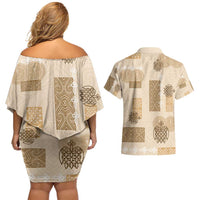 Vintage Lapita Couples Matching Off Shoulder Short Dress and Hawaiian Shirt Iconic Double Face Pattern Beige LT05 - Polynesian Pride