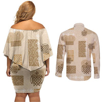 Vintage Lapita Couples Matching Off Shoulder Short Dress and Long Sleeve Button Shirt Iconic Double Face Pattern Beige LT05 - Polynesian Pride