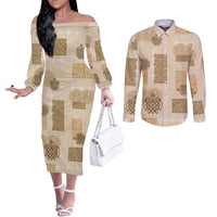 Vintage Lapita Couples Matching Off The Shoulder Long Sleeve Dress and Long Sleeve Button Shirt Iconic Double Face Pattern Beige LT05 Beige - Polynesian Pride