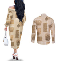 Vintage Lapita Couples Matching Off The Shoulder Long Sleeve Dress and Long Sleeve Button Shirt Iconic Double Face Pattern Beige LT05 - Polynesian Pride
