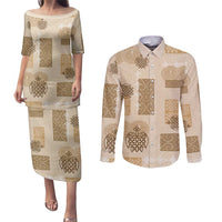 Vintage Lapita Couples Matching Puletasi and Long Sleeve Button Shirt Iconic Double Face Pattern Beige LT05 Beige - Polynesian Pride
