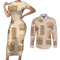 Vintage Lapita Couples Matching Short Sleeve Bodycon Dress and Long Sleeve Button Shirt Iconic Double Face Pattern Beige LT05 Beige - Polynesian Pride
